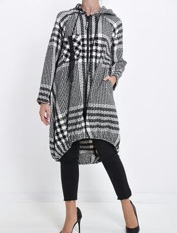 Tartan Muster regulierbar Duster-Mantel aus Baumwolle mit Taschen mit Kapuze mit Reißverschluss mit Schleife - Schwarz