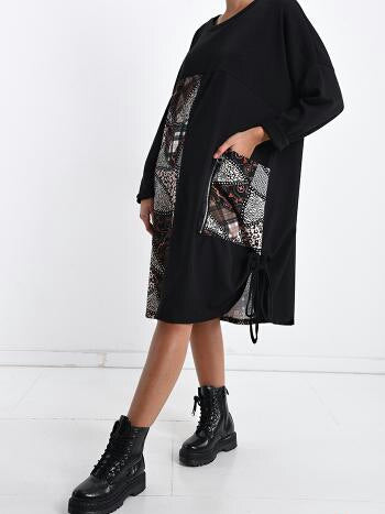 Kleid aus Wollmischung mit Taschen mit Band mit Reißverschluss Bedrucktes Muster - Schwarz